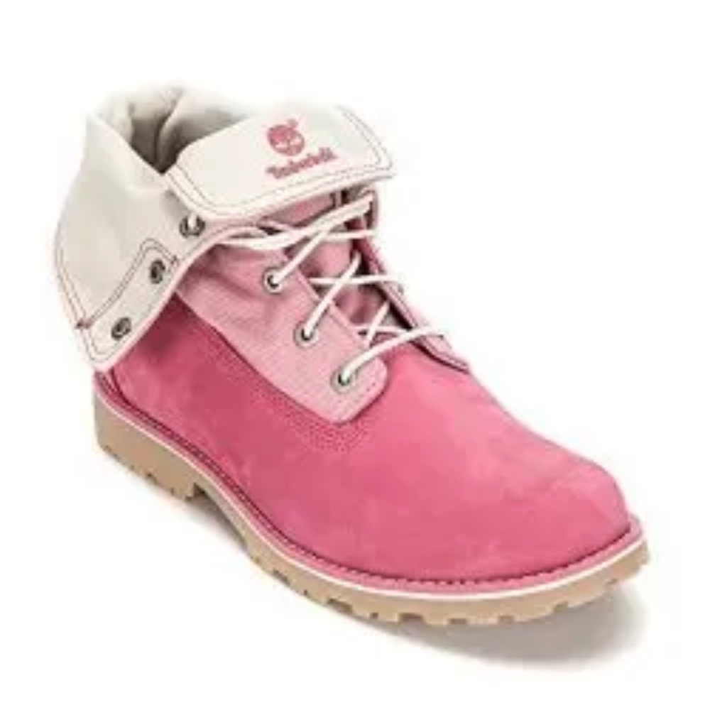 Timberland Pink Suede & Canvas Fold Over Lace-up Boots Lug-sole Y2K Size 7